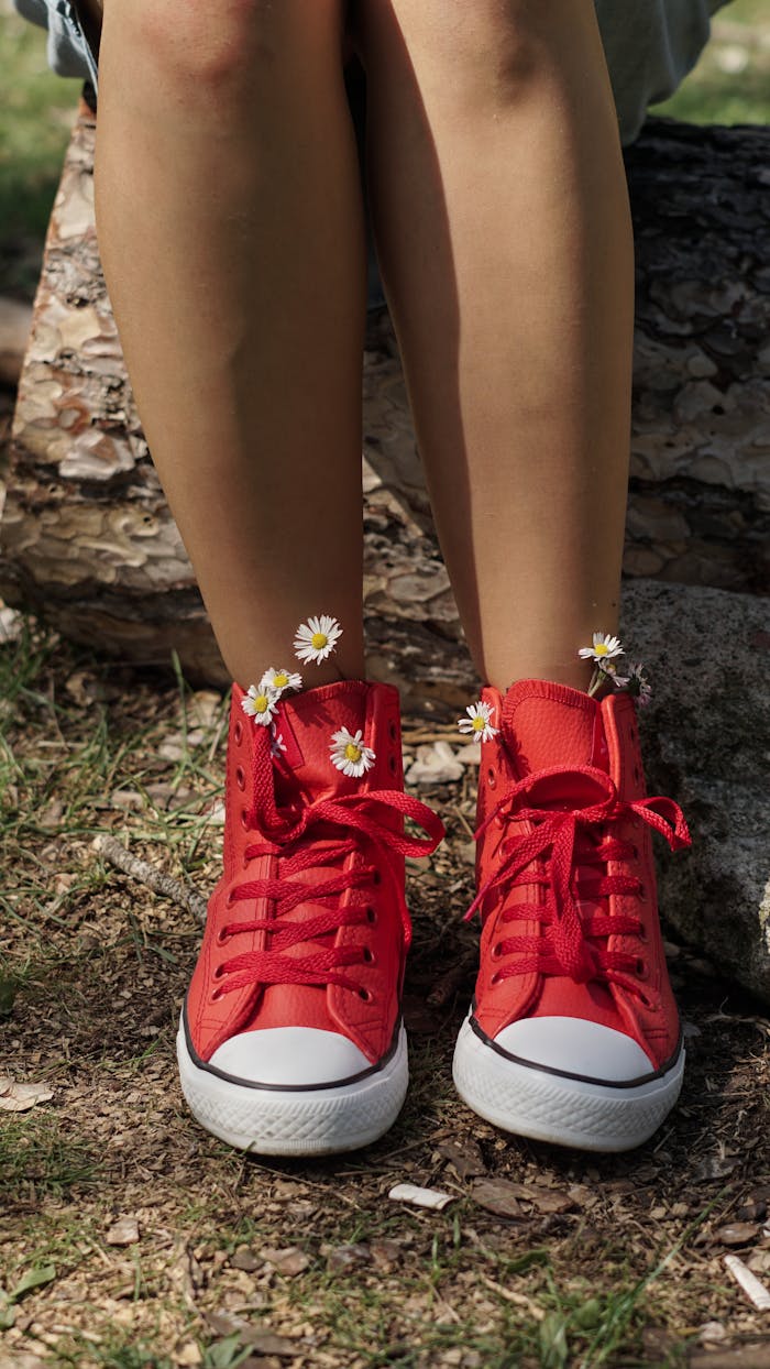 A pair of red sneakers adorned with daisies in an outdoor setting, evoking a casual, vibrant summer vibe.